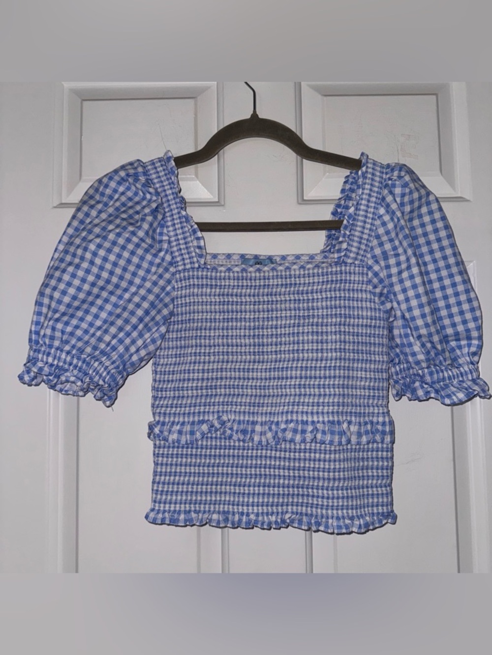 Cece Blue Gingham Smocked Puff-Sleeve square neck crop top S